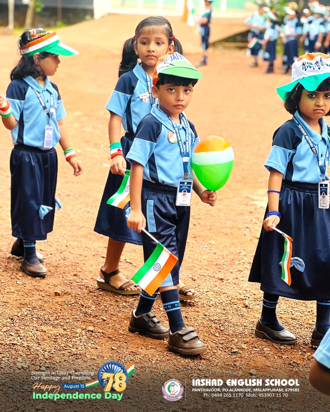 Irshad English School students celebrating Independence Day with flags